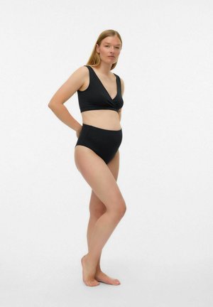 Zwarte zwemset met een cropped top met diepe V-hals en twistdetail, en een hooggesneden bikini-broekje, gemaakt van een soepele, zachte stof.