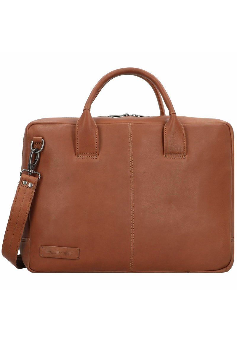 Bruine leren aktetas met dubbele handgrepen en een verstelbare schouderriem. Beschikt over een gladde textuur en subtiele stiksels.