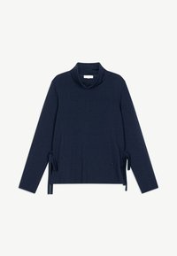 Pull bleu marine à manches longues avec un col roulé ample et des liens latéraux, présenté à plat sur fond blanc.