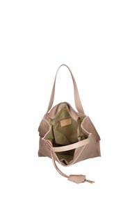 Beige leren tote bag met een gestructureerde buitenkant, dubbele handgrepen en een ruime binnenkant met een stoffen voering en een binnenzak.