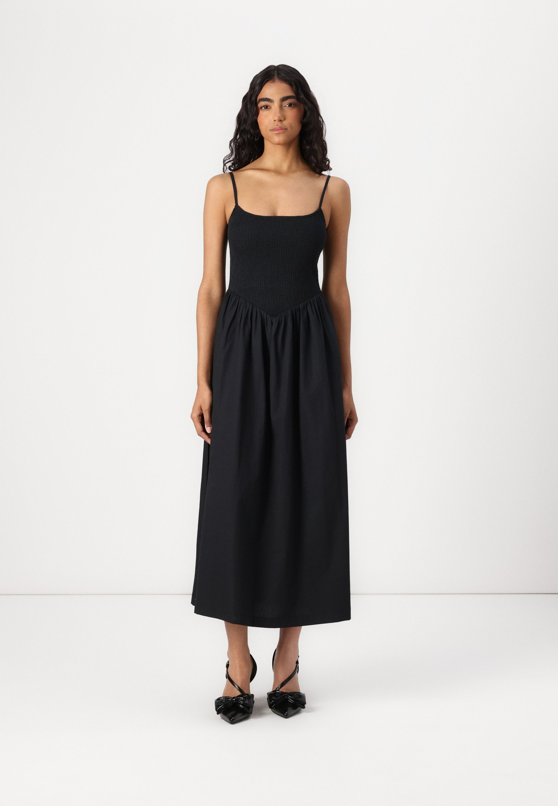 knee length dresses for ladies Do Long Black Orchid Stylized WAIST-DIPPED Silk Midi Dress