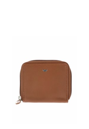 Compact brown leather wallet with stitched edges, silver zipper, and small metal logo centered on the front.