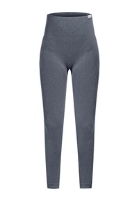 Gray ribbed leggings with a high waist. Made from a stretchy fabric, featuring vertical stripes and a smooth texture. No visible seams.