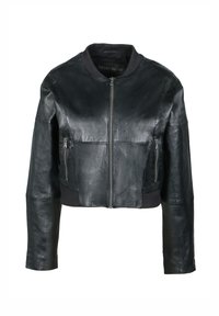 Černá kožená bomber bunda se zipovým zapínáním, zkrácenou délkou, dvěma předními zipovými kapsami a žebrovaným límcem a spodním lemem. Hladká textura.