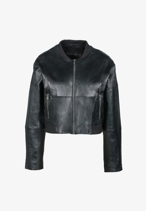 Sort læder bomberjakke med lynlåslukning, cropped længde, to frontzip-lommer og ribbet krave og kant. Glat tekstur.