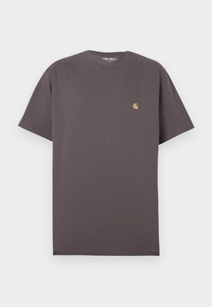 Enostavna temno rjava kratka majica s posadkovim ovratnikom in kratkimi rokavi, z majhnim bež logotipom Carhartt na levi strani prsnega koša, velikost velika.