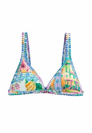 Dreieckiges Bikinioberteil mit bunten tropischen und geometrischen Mustern in Blau-, Grün-, Orange- und Pinktönen mit genähten Kanten.