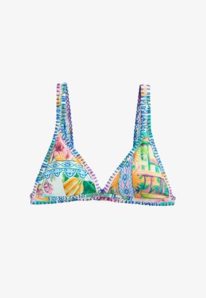Dreieckiges Bikinioberteil mit bunten tropischen und geometrischen Mustern in Blau-, Grün-, Orange- und Pinktönen mit genähten Kanten.