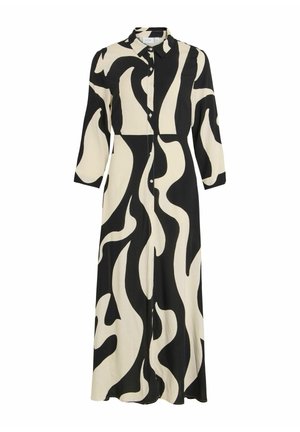 Schwarz-beige langärmliges Kleid mit Wellenmuster, durchgehender Knopfleiste, Kragen und Midi-Länge. Hergestellt aus einem glatten Stoff.