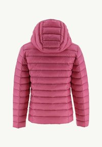 Chaqueta acolchada rosa con diseño de rombos, presenta capucha y mangas largas. El material parece suave con un acabado brillante.