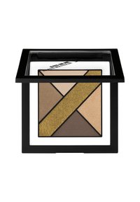 Palette di ombretti quadrata con sei tonalità in oro, marrone, beige e tan, in un compact nero con un coperchio trasparente etichettato "Eyes on Me."