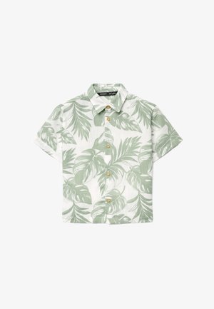Camicia a maniche corte con bottoni, stampa di foglie tropicali verde chiaro su sfondo bianco, con colletto classico e bottoni in legno.