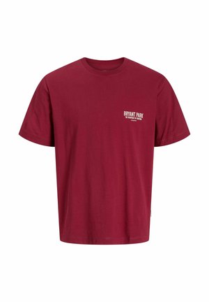 T-shirt en coton bordeaux avec un col rond. "Bryant Park" imprimé en blanc sur la zone du côté gauche de la poitrine. Manches courtes et coupe décontractée.