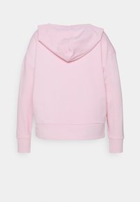 Vaaleanpunainen huppari pehmeällä tekstuurilla, jossa on vetoketjullinen muotoilu, huppu sekä resorit hihansuissa ja helmassa. Takakatsaus, ei näkyviä logoja tai kuvioita.
