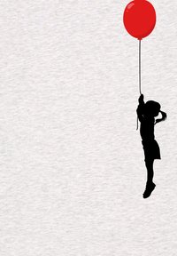 Zwarte silhouet van een figuur die een felrode ballon vasthoudt tegen een lichtgrijze textuur achtergrond. De figuur lijkt in beweging te zijn.