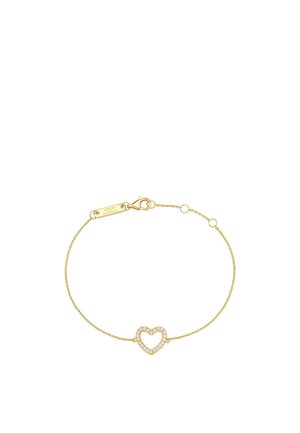 Delicate gold bracelet with a heart-shaped charm encrusted with small white stones and a lobster clasp closure.
