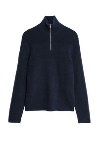 Marineblauer Pullover mit hohem Kragen, ausgestattet mit einem Viertelreißverschluss, geripptem Struktur und langen Ärmeln. Aus weichem Strickmaterial.