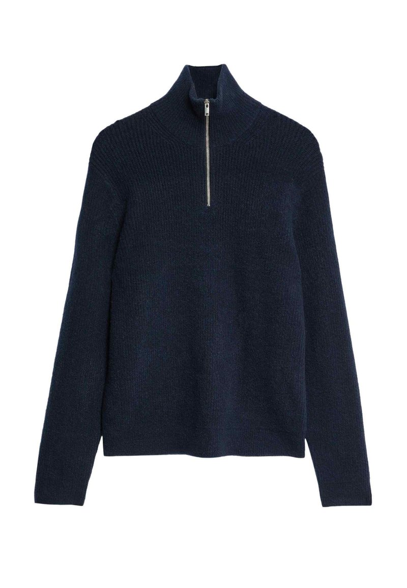 Marineblauer Pullover mit hohem Kragen, ausgestattet mit einem Viertelreißverschluss, geripptem Struktur und langen Ärmeln. Aus weichem Strickmaterial.