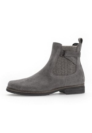 Gray suede ankle boot with a textured herringbone side panel, elastic insert, pull tab, and a low stacked heel.