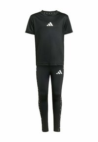 Black athletic set featuring a short-sleeve t-shirt with a white logo and leggings with accent patterns. Both are made of stretchy fabric.