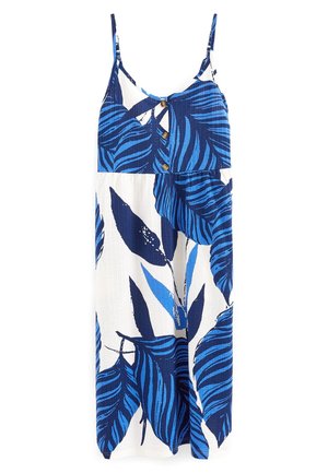 Ärmelloses weißes Kleid mit blauem tropischem Blattmuster, dünnen Trägern, V-Ausschnitt und drei kleinen Knöpfen vorne am Oberteil.
