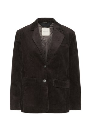 Dark brown corduroy blazer with a notched lapel, two front pockets, and two buttons. Textured fabric with vertical ribbing detail.