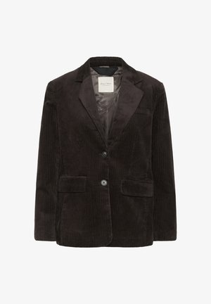 Hnedý kordový blejzer s klopovým golierom, dvoma prednými vreckami a dvoma gombíkmi. Textúrovaná tkanina so zvislými pruhmi.