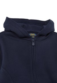 Navy blue zip-up hoodie made from soft fabric, featuring a fleece interior, kangaroo pocket, and adjustable hood with a smooth zipper.