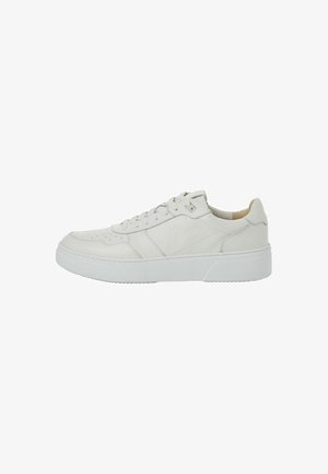 White leather sneaker with a textured upper, rounded toe, flat laces, and a thick white rubber sole. Features perforated detailing on the toe.
