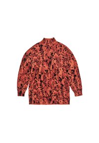 Przesadny sweter z golfem w kolorze pomarańczowym z czarnym wzorem w kropki. Miękka tekstura, szerokie rękawy i ściągacz przy dekolcie. Casualowy design.