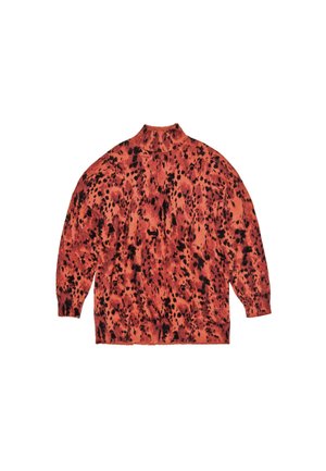 Oversized turtleneck sweater in orange with a black speckled pattern. Soft texture, wide sleeves, and ribbed collar. Casual design.