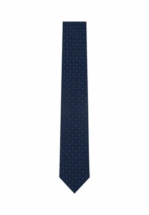 Cravatta blu navy con un piccolo motivo ripetuto di puntini multicolore distribuiti uniformemente sul tessuto.