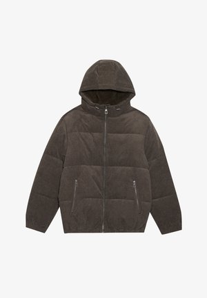 Hooded puffer jacket in dark gray corduroy. Features zip closures, two front pockets, and a quilted design with elastic cuffs.