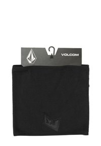 Black fleece neck warmer with smooth texture, featuring a subtle embossed logo in the corner and a tag with a hanging hook.