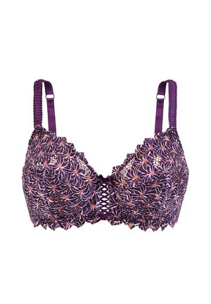 Soutien-gorge violet avec broderie florale mettant en valeur des accents roses et orange, bordure en dentelle et bretelles satinées réglables. Des nœuds au centre ajoutent une touche de détail.