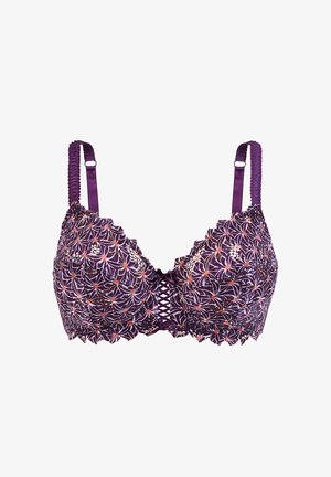 Soutien-gorge violet avec broderie florale mettant en valeur des accents roses et orange, bordure en dentelle et bretelles satinées réglables. Des nœuds au centre ajoutent une touche de détail.