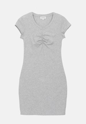 Gray short sleeve dress, fitted design with a V-neck and gathered detailing at the center, made from a soft, stretchy fabric.