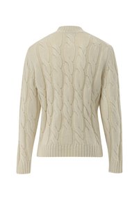 Krämfarbener Kabelstrickpullover mit hohem Kragen, langen Ärmeln und gerippten Bündchen. Mit strukturiertem Muster und eng anliegendem Saum. Klassisches Design.