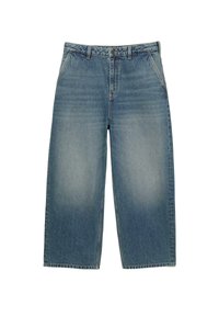 Jeans in denim azzurro chiaro a gamba larga con vita alta, tasche frontali e finitura sbiadita. Presentano un leggero effetto whiskering sulle cosce.