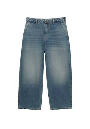 Helle blaue Denim-Jeans mit weitem Bein und hoher Taille, Fronttaschen und einem verwaschenen Finish. Mit subtilen Abnutzungserscheinungen an den Oberschenkeln.