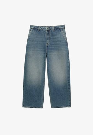 Helle blaue Denim-Jeans mit weitem Bein und hoher Taille, Fronttaschen und einem verwaschenen Finish. Mit subtilen Abnutzungserscheinungen an den Oberschenkeln.