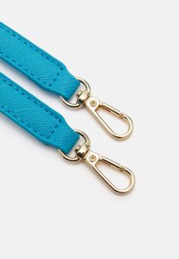 Blue textured strap with gold metal clasps, featuring a woven design and smooth finish. Suitable for bags or accessories.