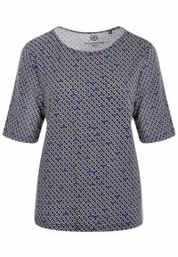 Multikleurige T-shirt met korte mouwen, versierd met een ruitpatroon in blauw, groen, roze en wit, met een ronde halslijn en een zachte stoftextuur.