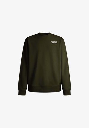 Olivově zelená mikina s kulatým výstřihem, vroubkovanými rukávy a lemem, s logem "RED BULL RACING" v bílé barvě na levé části hrudi.