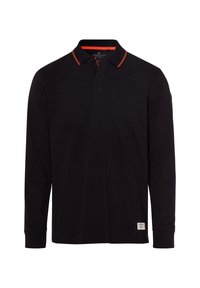 Czarna, długa koszulka polo z pomarańczowymi akcentami na kołnierzu. Posiada zapięcie na dwa guziki oraz metkę marki po dolnej stronie.