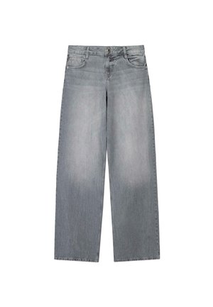 Szerokie szare dżinsy z denimu z efektem sprania, wyposażone w klasyczne zapięcie na guzik i suwak, pięć kieszeni oraz kontrastowe przeszycia.