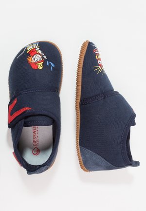 Marineblaue Segeltuchschuhe mit bunten Stickereien, Klettverschluss, Gummisohlen und strukturierter Oberfläche.