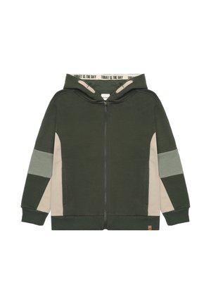 Dziecięca bluza rozpinana z kapturem w ciemnozielonym kolorze z beżowymi i jasnoszarymi blokami kolorystycznymi na rękawach i bokach, posiadająca kaptur z troczkami.
