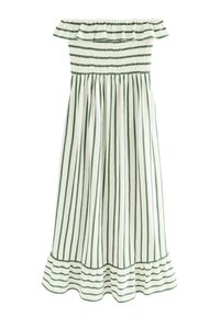 Off-shoulder klänning med ett smockat liv, i vit tyg med vertikala gröna ränder och en volangkant. Lättvikts bomullsmaterial.