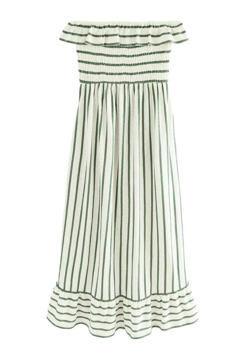 Robe dénudée sur les épaules avec un corsage smocké, en tissu blanc avec des rayures verticales vertes et un ourlet volé. Matière en coton léger.